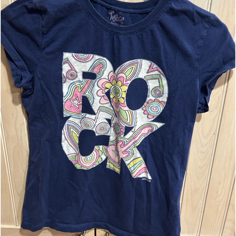 Justice girls navy “ROCK” tee